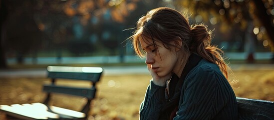 Sad depression and student with woman in park for cry frustrated and stress Mental health anxiety and fear with female person in nature for psychology tired and fatigue with mockup space - obrazy, fototapety, plakaty