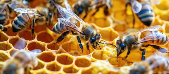 Newly emerged honeybees balling on a honeycomb for warmth. with copy space image. Place for adding text or design