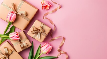Top view photo of trendy gift boxes with ribbon bows and tulips on isolated pastel pink background.