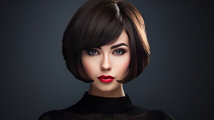 Beautiful young woman wearing short bob hairstyle on studio background - focus on the eyes