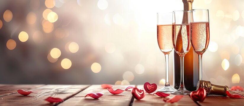 two champagne glasses and bottle valentines day. with copy space image. Place for adding text or design