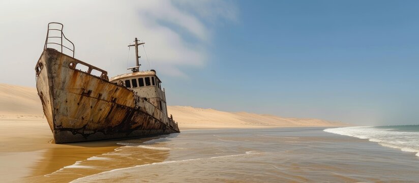 Shipwreck Zeila in the crashing waves near Swakopmund on Namibia Skeleton Coast. with copy space image. Place for adding text or design