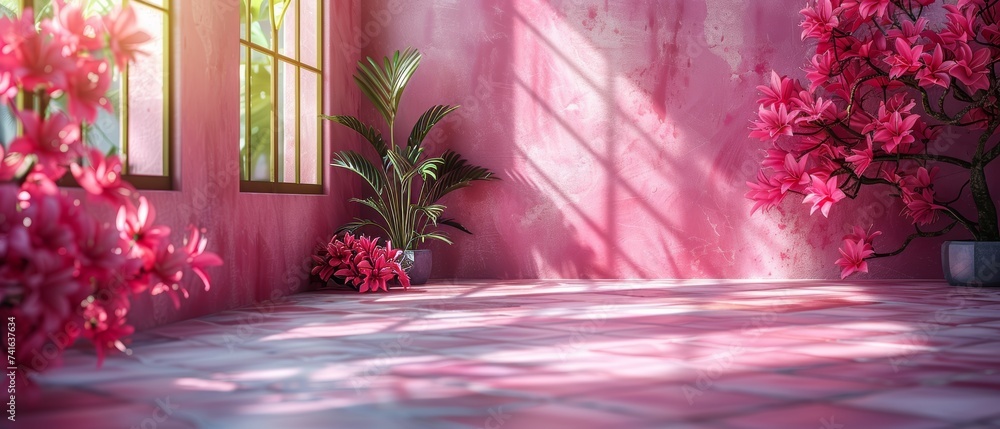 Poster pink color gradient studio background for product presentation. empty room with shadows of window an