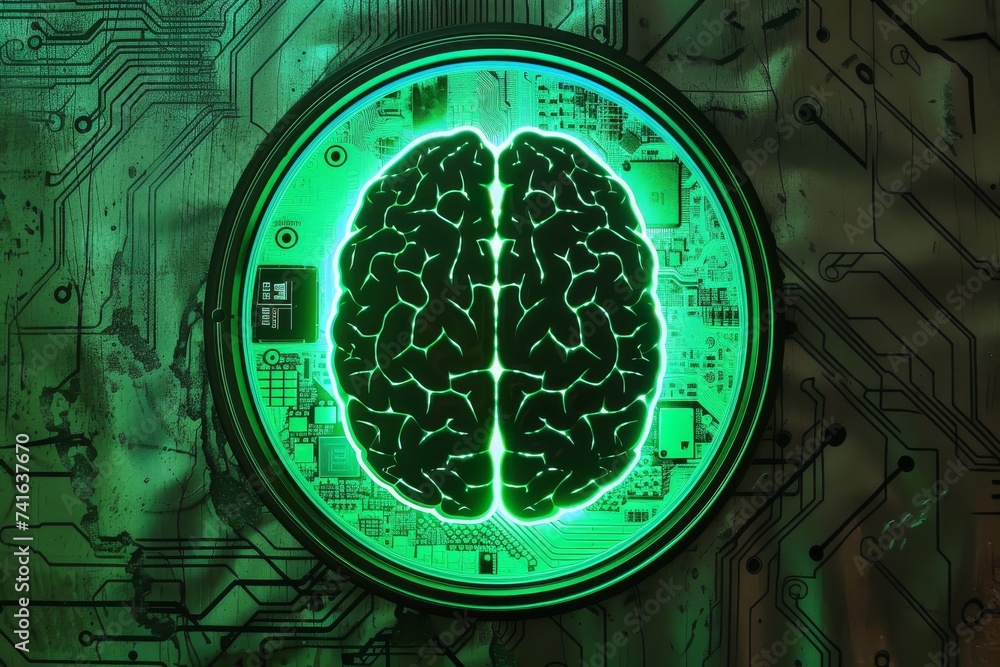 Poster ai brain chip emerging trend. artificial intelligence molecular mechanisms mind visionary mission ax