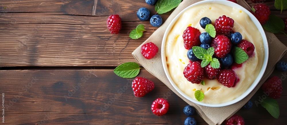 Poster glass of vanilla pudding decorated with blueberries and starwberries served on the wooden table with