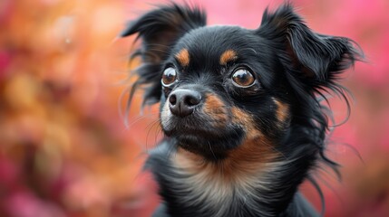 Standing against a pink background, a black and brown chihuahua dog looks forward