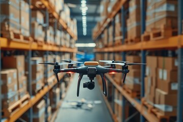 Monitor parcels with drones in the warehouse big copy. Ai generative