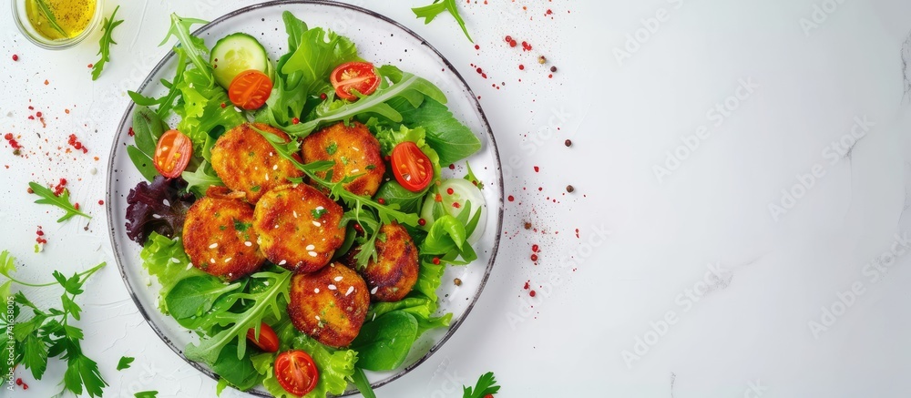 Poster stack of vegetable fritters or pancakes with yoghurt or cream sour dressing and herbs cabbage or zuc