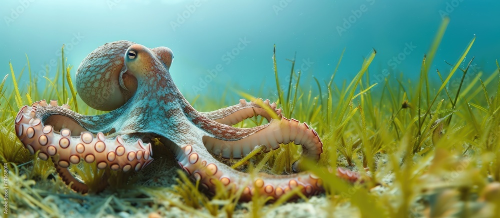 Poster Common Octopus Octopus vulgaris climbing out of its den surrounded by seagrass. with copy space image. Place for adding text or design