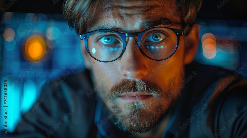Aufkleber The computer programmer is focused on the code. A cropped shot of a male computer programmer is shown working.