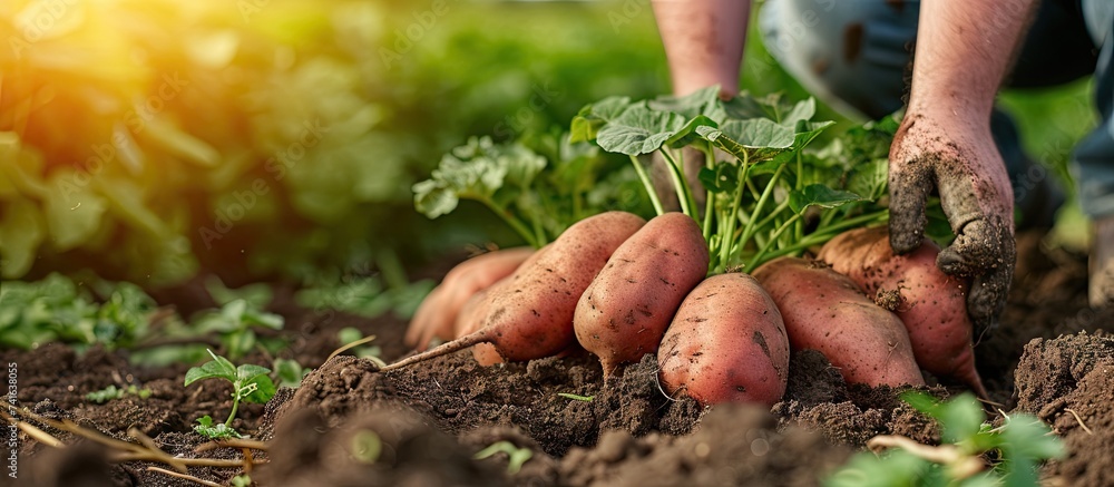 Aufkleber farmer harvesting fresh organic sweet potatoes from soil. with copy space image. place for adding te