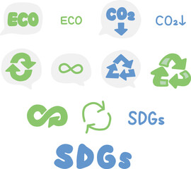 SDGｓやエコなど環境保護や資源の循環をイメージした手描きの文字やアイコンセット