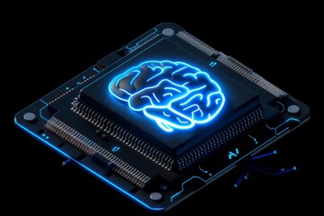 AI Brain Chip neuroprosthetics. Artificial Intelligence brain computer interface rehabilitation mind biotechnology axon. Semiconductor vco circuits circuit board chemorepulsion - obrazy, fototapety, plakaty