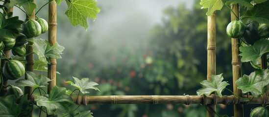 Cucumber plantation supported by bamboo stakes. with copy space image. Place for adding text or...