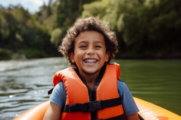Cheerful african american boy in life jacket looking at camera while standing on inflatable boat - obrazy, fototapety, plakaty