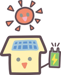 家庭での太陽光発電をイメージした家のキャラクターや太陽のイラスト