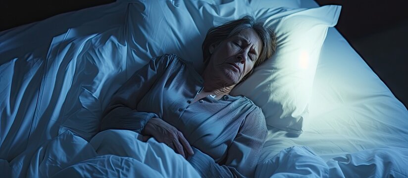 Middle aged woman sitting on bed feels unhealthy touch stomach suffers from severe crampy abdominal pain. with copy space image. Place for adding text or design