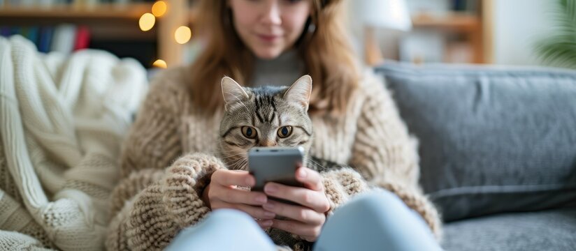 Woman with scottish kitten on the sofa with phone chatting using smartphone types message pet and owner communication human and animal friendship. with copy space image