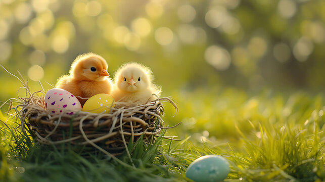 Nest with easter eggs and chicks in grass on a sunny spring day - Easter decoration, banner, panorama, background