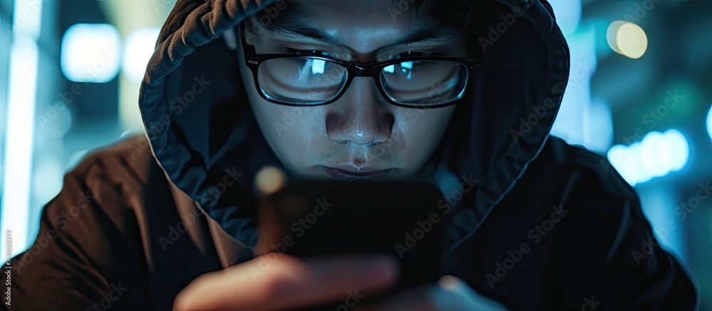 Poster closeup of asian male hacker using mobile phone. with copy space image. Place for adding text or design
