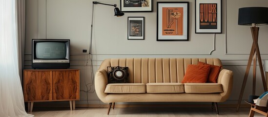 Retro living room interior with beige sofa against white wall with posters and black lamp above...