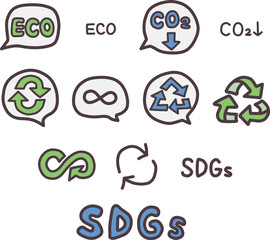 SDGｓやエコなど環境保護や資源の循環をイメージした手描きの文字やアイコンセット