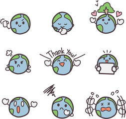 シンプルにデフォルメした地球のキャラクターが色々な表情をしているイラストセット