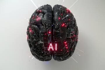 AI Brain Chip motor network. Artificial Intelligence serverless computing human blockchain mind circuit board. Neuronal network medical diagnostics smart computer processor saas - obrazy, fototapety, plakaty