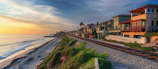 Houses at Del Mar Southern California along railroad on the beach at sunset Facade of upscale seaside homes overlooking the shore blue sky railway and sea. with copy space image - obrazy, fototapety, plakaty