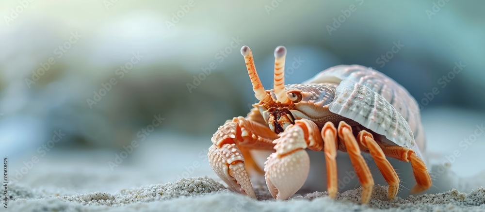 Poster Hermit crab with a plastic shell Zanzibar. with copy space image. Place for adding text or design