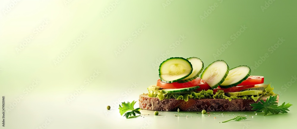 Poster Tasty open sandwich from toasted sourdough bread with mashed avocado slices of fresh cucumber and cherry tomatoes. with copy space image. Place for adding text or design