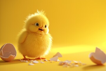 A small funny yellow newborn chick stands near the shell from which it hatched on a plain bright background