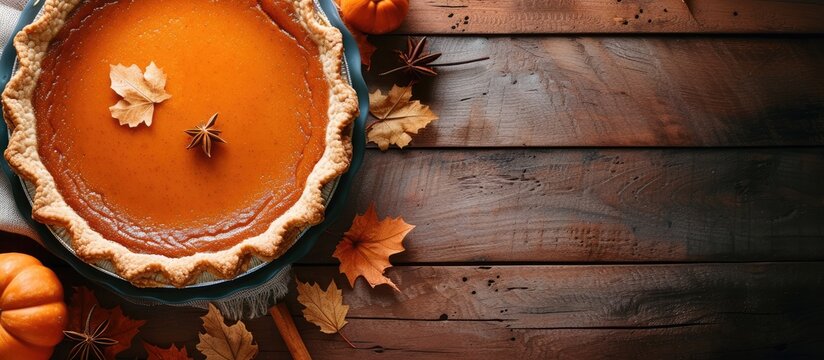 Homemade Pumpkin Pie for Thanksgiving Ready to Eat. with copy space image. Place for adding text or design