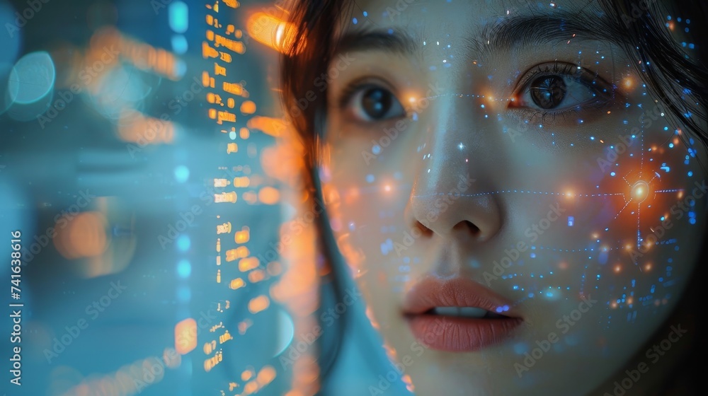 Aufkleber The image depicts an Asian female entrepreneur working on a computer, a line of code projected onto her face. She is developing an innovative e-commerce app utilizing artificial intelligence and big