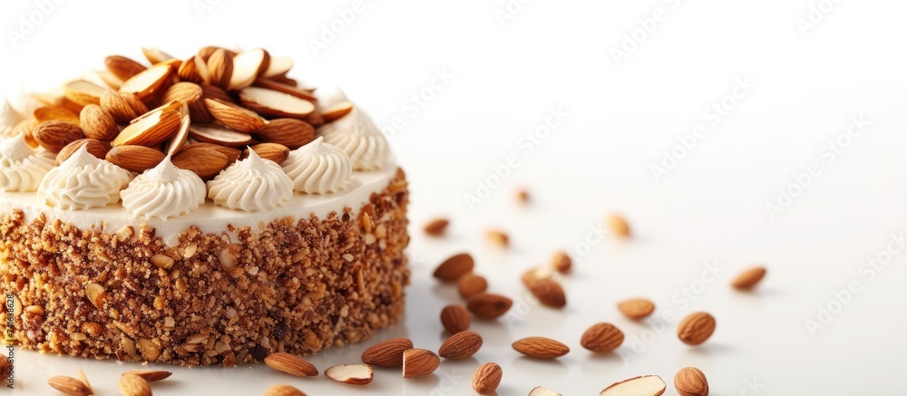 Poster french almond cake with nuts. with copy space image. place for adding text or design