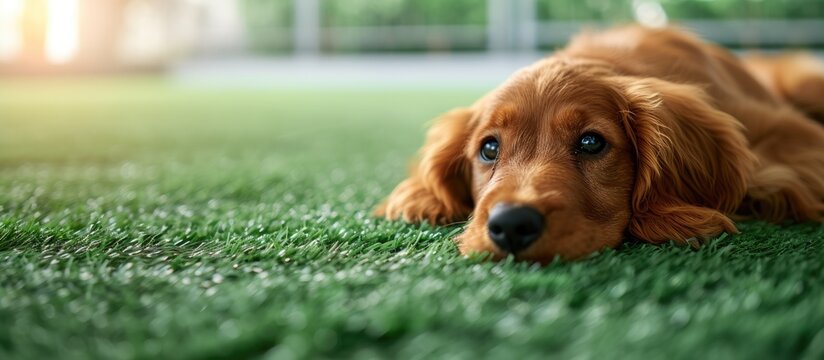 Puppy lying on the artificial grass during the training session. with copy space image. Place for adding text or design