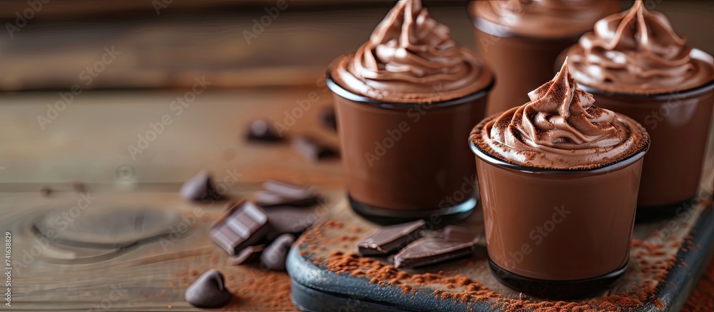 Poster delicious triple chocolate mousse desserts in glasses. with copy space image. place for adding text 