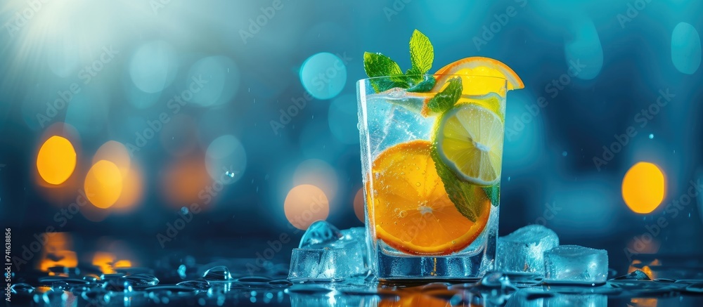 Poster fresh cocktail with orange mint and ice selective focus. with copy space image. place for adding tex