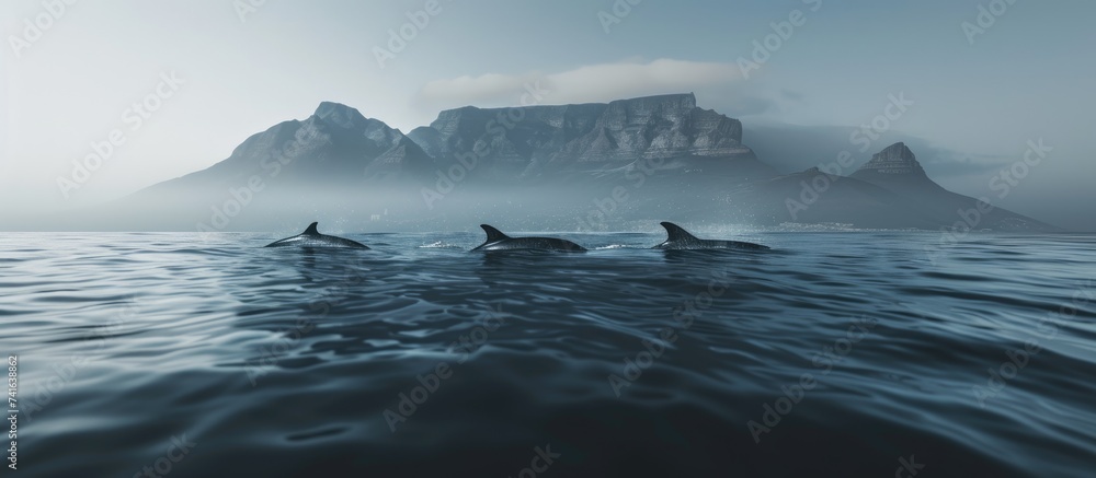 Poster dusky dolphins lagenorhynchus obscurus swimming at surface off cape point south africa. with copy sp