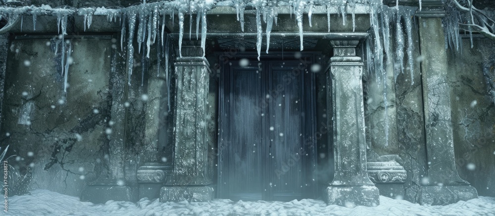Leinwandbilder the entrance to the ice cave is hung with large icicles forest of icicles. with copy space image. pl