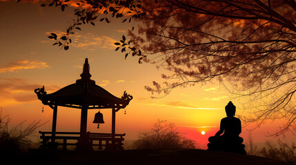 Silhouette of Buddha statue on the mountain at sunset