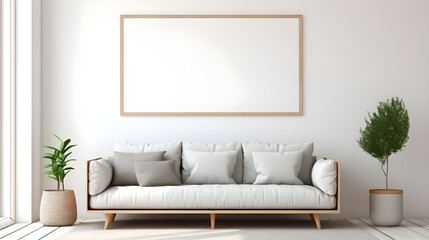 An empty horizontal poster frame mockup adorning the pristine walls of a minimalistic Scandinavian-inspired living room, creating a serene ambiance.