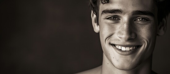 Young man with glowing freckled skin and ginger hair smiles in a studio Happy and youthful man celebrating his unique beauty features with self love and self assurance. with copy space image