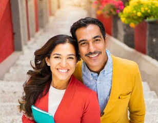 Fototapeta premium Couple, Man and Woman Smiling, Yellow and Red Clothing
