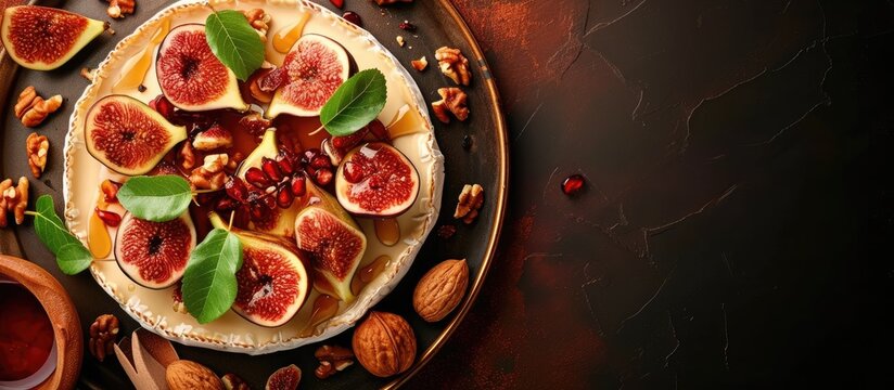Oven baked camembert cheese with figs nuts and honey vertical image top view place for text. with copy space image. Place for adding text or design