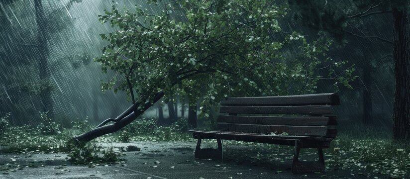 Park bench crushed by fallen tree after heavy storm. with copy space image. Place for adding text or design
