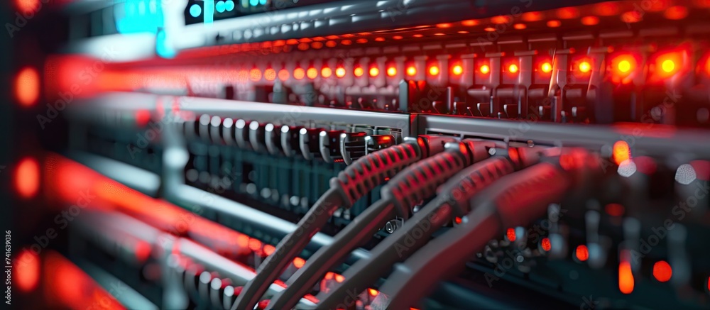 Aufkleber IT environment with switch and firewalls connected with grey patch ethernet cables. with copy space image. Place for adding text or design