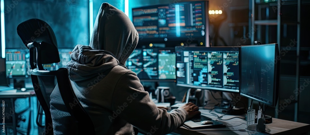 Leinwandbilder Skilled male thief copying valuable data from hard disk using drive to plant computer malware on multi monitors Young person hacking network system and security server output source