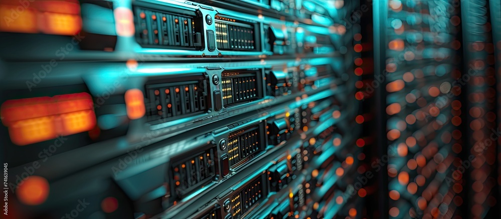 Poster Data server and controls in big rack with multiple hard drives. with copy space image. Place for adding text or design