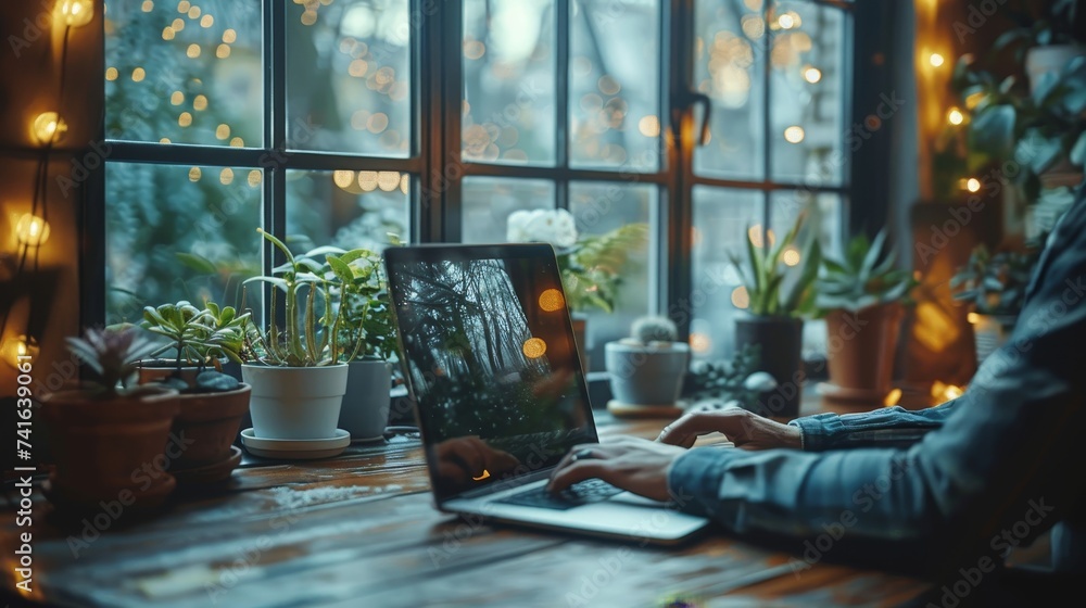Poster an illustration showing a businessman working on a blank laptop screen on a wooden desk with two exp